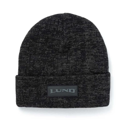 Image of a dark gray knit beanie with a Lund logo patch on the front