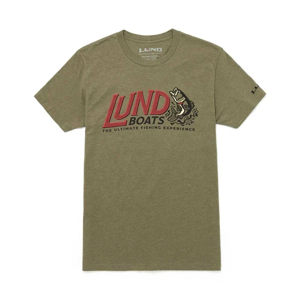 Image of a green tee with red and black Lund design