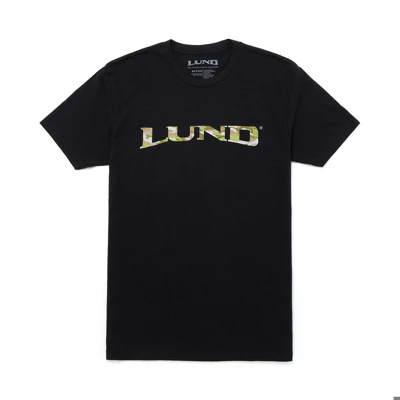 Image of a black tee with camo Lund logo on the front