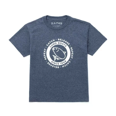 Image of a heather navy tee with white catch and release design on the front