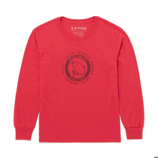 Image of a red long sleeve with dark Lund Boats design