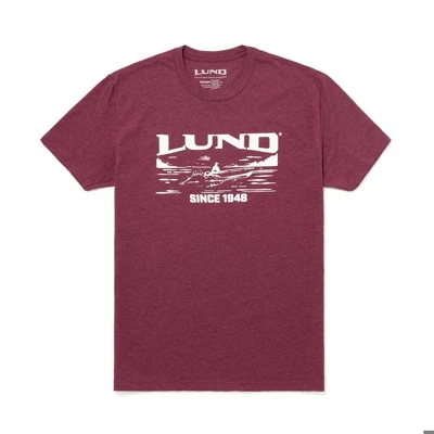 Image of a maroon tee with white Lund Boats design