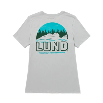 Image of a white tee with teal Lund Boats design on front and back