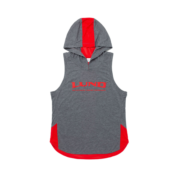 Image of a gray and red hooded tank top with red Lund logo