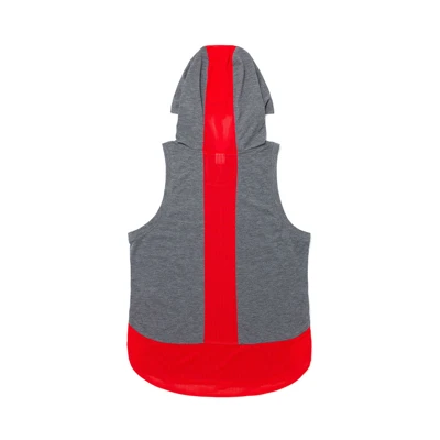 Image of a gray and red hooded tank top with red Lund logo