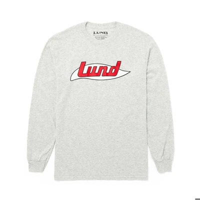 Image of a white long sleeve with red Lund logo