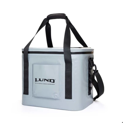 Image of a gray cooler with black Lund logo