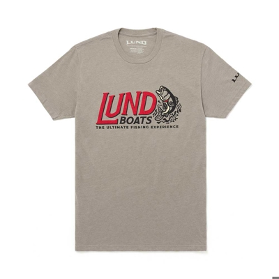 Stone Gray Boats Fish Tee Front product image with Red Lund logo on the front