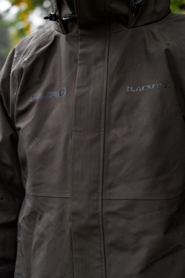 Stealth Rage Rain Jacket front product image with Lund logo on the right chest and Blackfish logo on the left chest