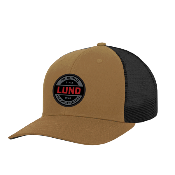 Brown trucker hat with a black mesh back features a round patch with the words "The Ultimate Fishing Experience Since 1948" and "Lund" in red and black.	