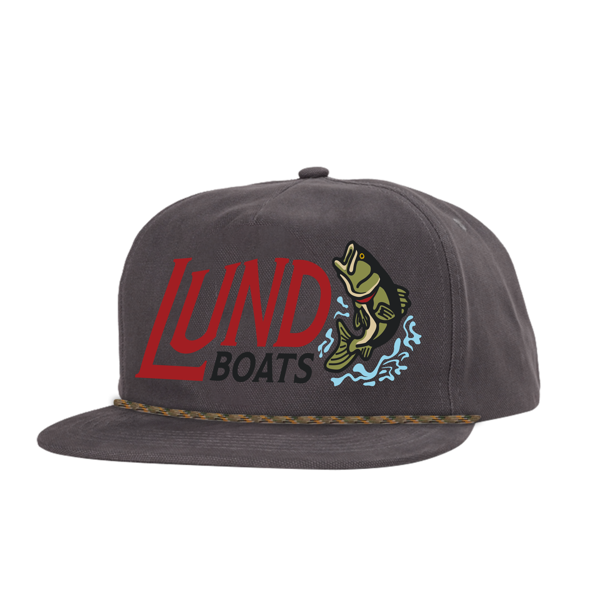 Dark gray snapback hat with "Lund Boats" and cartoon bass fish jumping out of water.	