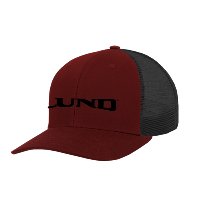 A maroon trucker hat with a black mesh back features the word "LUND" embroidered in black on the front.	