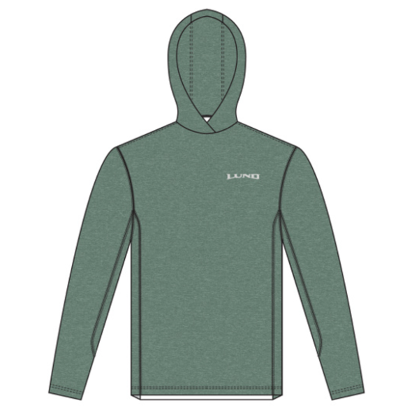 Willow green hooded performance shirt with Lund Boats gear logo on left chest