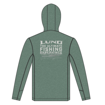 Willow green hooded performance shirt with Lund Boats gear logo on left chest