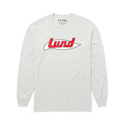 Image of a white long sleeve with red Lund logo