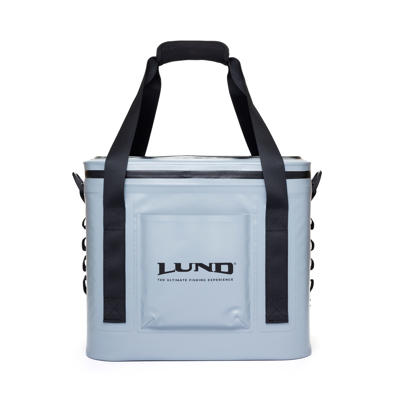 Image of a gray cooler with black Lund logo