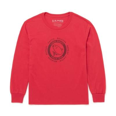 Image of a red long sleeve with dark Lund Boats design on the front