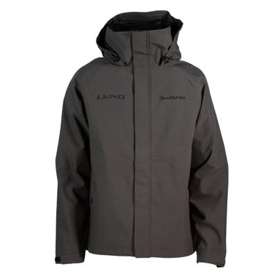 Stealth Rage Rain Jacket front product image with Lund logo on the right chest and Blackfish logo on the left chest