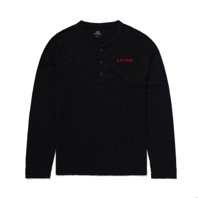 Lund Logo Henley Front Product Image with Red Lund logo on the left chest