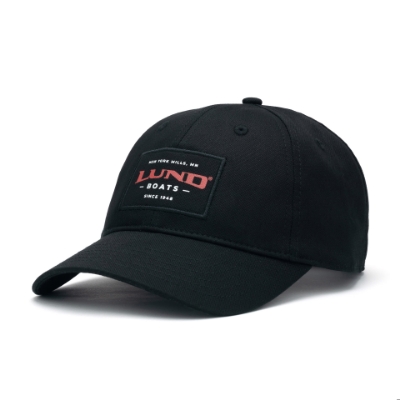 A black baseball cap with a black patch on the front. The patch has the Lund Boats logo and says "New York Mills, MN" and "Since 1948".