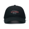 A black baseball cap with a black patch on the front. The patch has the Lund Boats logo and says "New York Mills, MN" and "Since 1948".