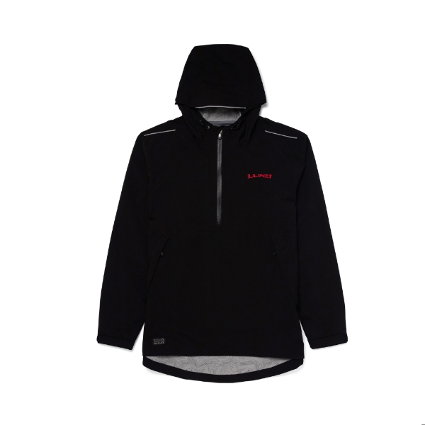 A black Dri duck anorak jacket with a hood and Lund embroidered in red on the left chest.