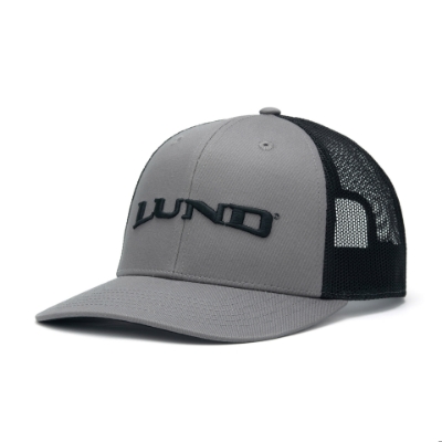 Left side view  image of the Charcoal Trucker Cap with Lund logo embroidered on the front