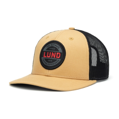 Brown trucker hat with a black mesh back features a round patch with the words "The Ultimate Fishing Experience Since 1948" and "Lund" in red and black.