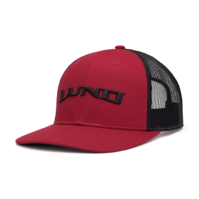 A maroon trucker hat with a black mesh back features the word "LUND" embroidered in black on the front.