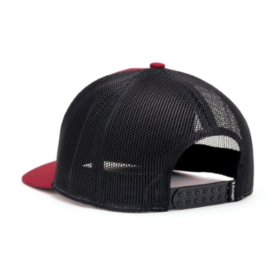 A maroon trucker hat with a black mesh back features the word "LUND" embroidered in black on the front.