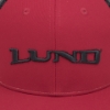 Image of the black Lund Boats logo embroidered on the front of the red Lund Trucker Cap