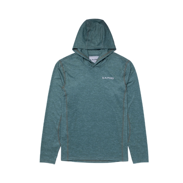 Willow green hooded performance shirt with Lund Boats gear logo on left chest