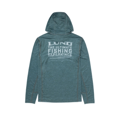 Willow green hooded performance shirt with Lund Boats gear logo on left chest