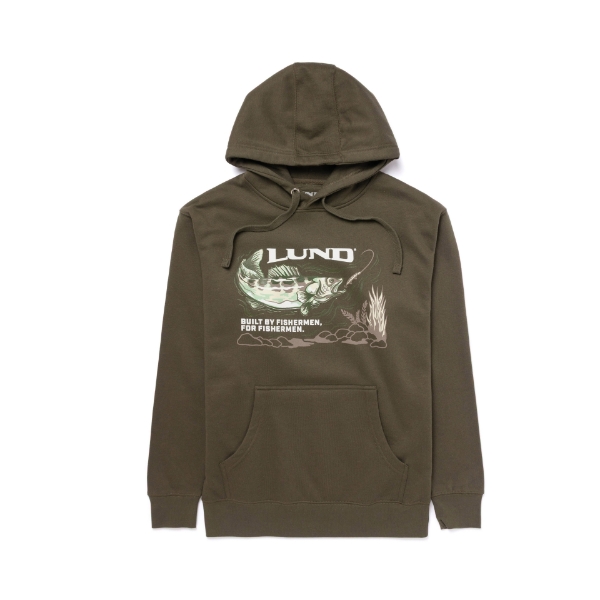 Image of the Military Green Fishing Hoodie with Lund Boats fish graphic on the full front