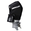 side view Image of the Black Mercury Tow-n-Stow Engine Cover - 200-300hp, 4.6L V8 2018-2024 with white Mercury logo