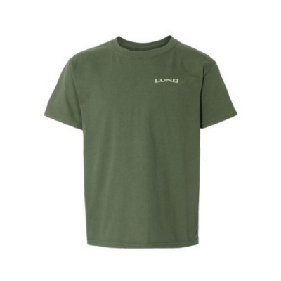Image of the Youth Military Green Fishing Tee with the white Lund logo on the left chest