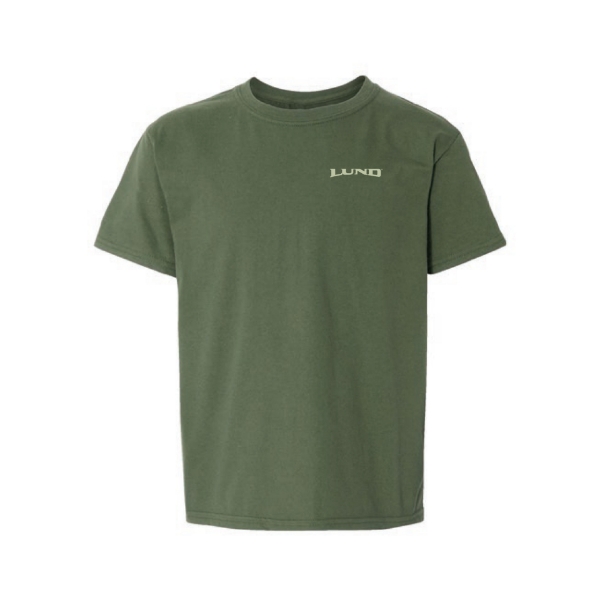 Image of the Youth Military Green Fishing Tee with the white Lund logo on the left chest