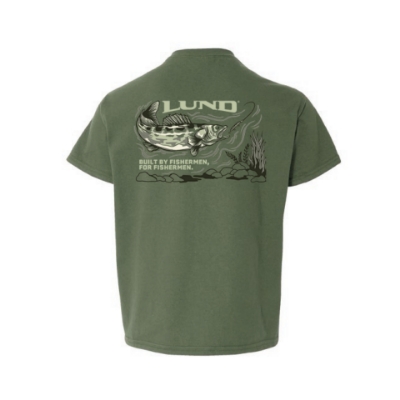Image of the Youth Military Green Fishing Tee with the white Lund logo on the left chest