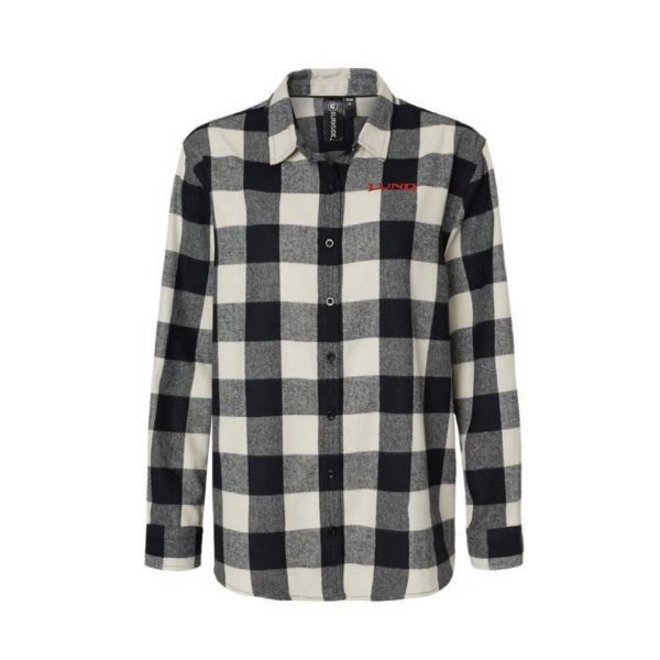 Image of the Women's White Flannel with the red Lund logo on the left chest