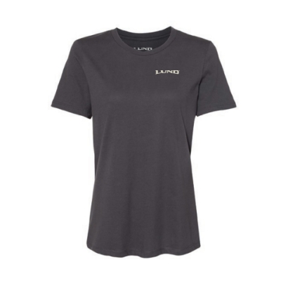 Image of the Women's Dark Grey Fishing Tee with the white Lund logo on the left chest