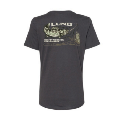 Image of the Women's Dark Grey Fishing Tee with the white Lund logo on the left chest