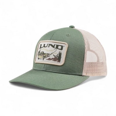 The green fishing hat is shown from the left side, with a rectangular patch that is embroidered with "LUND" and a fish graphic on the front panel.