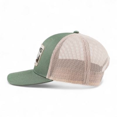 The green fishing hat is shown from the left side, with a rectangular patch that is embroidered with "LUND" and a fish graphic on the front panel.