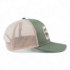 The green fishing hat is shown from the right side, with a rectangular patch that is embroidered with "LUND" and a fish graphic on the front panel.