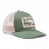 The green fishing hat is shown from the right side, with a rectangular patch that is embroidered with "LUND" and a fish graphic on the front panel.