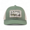 Image of the green fishing hat with a rectangular patch that is embroidered with "LUND" and a fish graphic on the front panel.