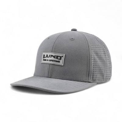 Left side image of the Lund Casting Hat that has a rectangular patch with the "LUND" logo and the phrase "FOR A LIFETIME" underneath.