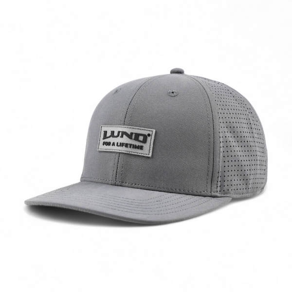 Left side image of the Lund Casting Hat that has a rectangular patch with the "LUND" logo and the phrase "FOR A LIFETIME" underneath.