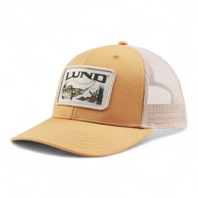 Left side view image of the Khaki Fishing Hat. The front of the hat has a rectangular patch with the word "LUND" and a graphic image of a fish