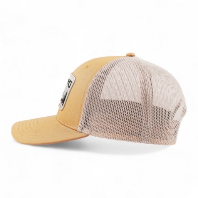 Left side view image of the Khaki Fishing Hat. The front of the hat has a rectangular patch with the word "LUND" and a graphic image of a fish